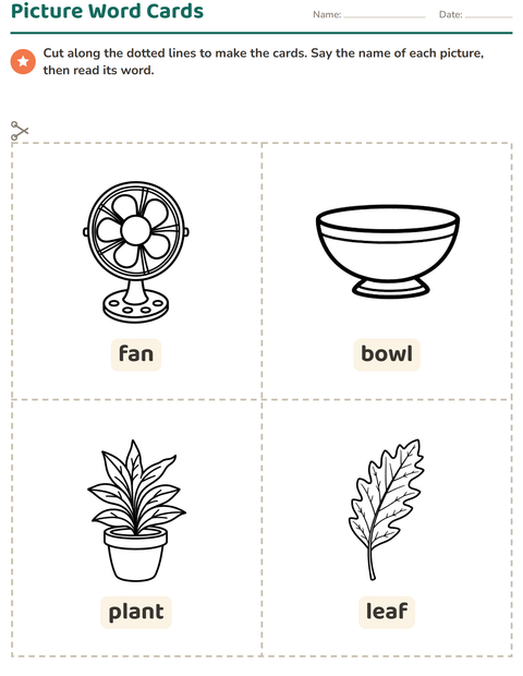 Preview of Picture Word Cards worksheet featuring Home and Nature BW for kindergarten