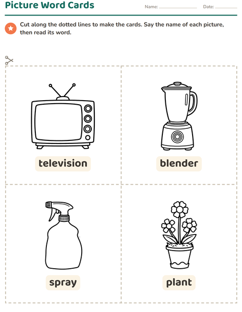 Preview of Picture Word Cards worksheet featuring Household BW for kindergarten