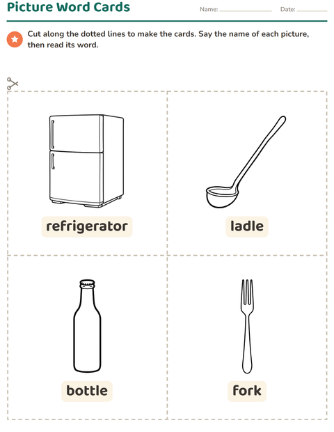 Preview of Picture Word Cards worksheet featuring Kitchen BW for kindergarten
