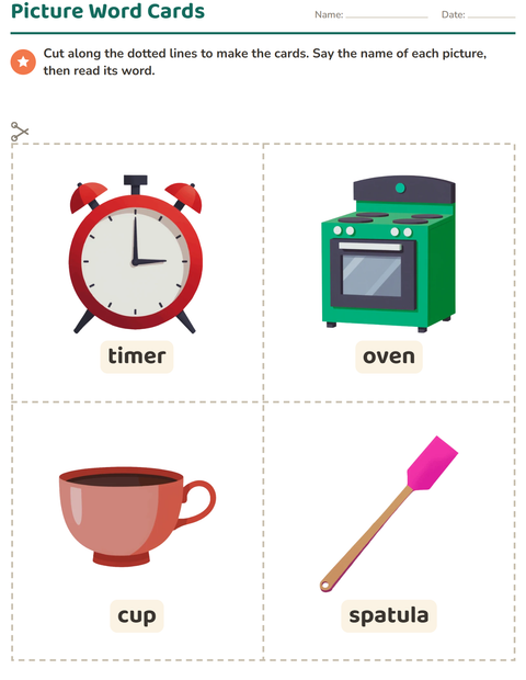 Preview of Picture Word Cards worksheet featuring Kitchen Tools for kindergarten