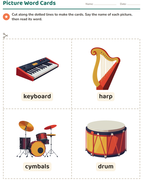 Preview of Picture Word Cards worksheet featuring Music for kindergarten
