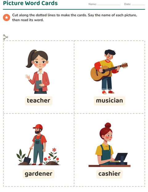 Preview of Picture Word Cards worksheet featuring Occupations for kindergarten