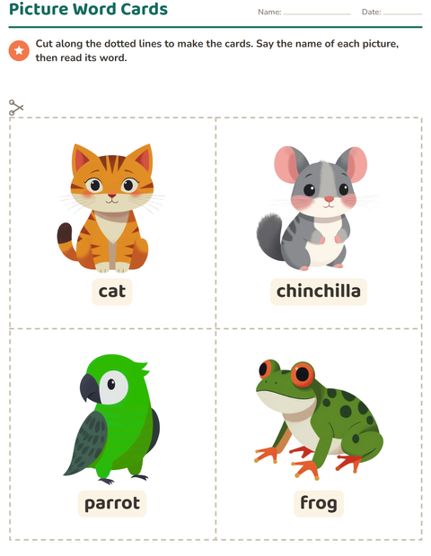 Preview of Picture Word Cards worksheet featuring Pets for kindergarten