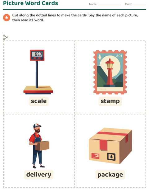 Preview of Picture Word Cards worksheet featuring Post Office for kindergarten