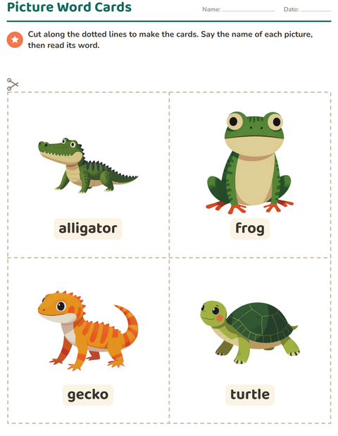 Preview of Picture Word Cards worksheet featuring Reptiles and Amphibians for kindergarten