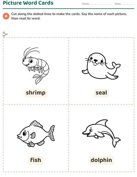 Preview of Picture Word Cards worksheet featuring Sea Life BW 2 for kindergarten