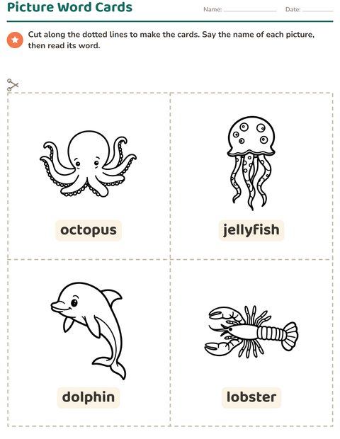 Preview of Picture Word Cards worksheet featuring Sea Life BW for kindergarten
