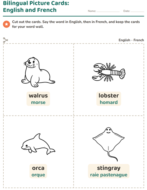 Preview of Picture Word Cards worksheet featuring Sea Life BW for kindergarten