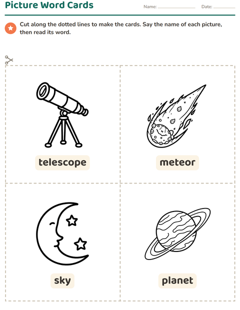 Preview of Picture Word Cards worksheet featuring Space BW for kindergarten