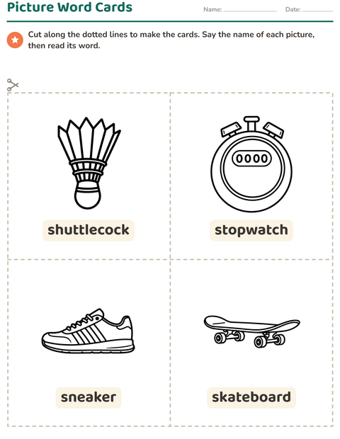 Preview of Picture Word Cards worksheet featuring Sports BW 2 for kindergarten