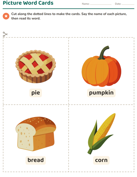 Preview of Picture Word Cards worksheet featuring Thanksgiving for kindergarten