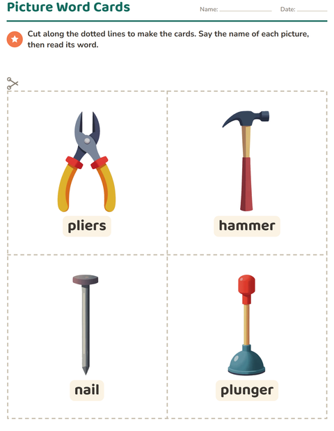 Preview of Picture Word Cards worksheet featuring Tools for kindergarten
