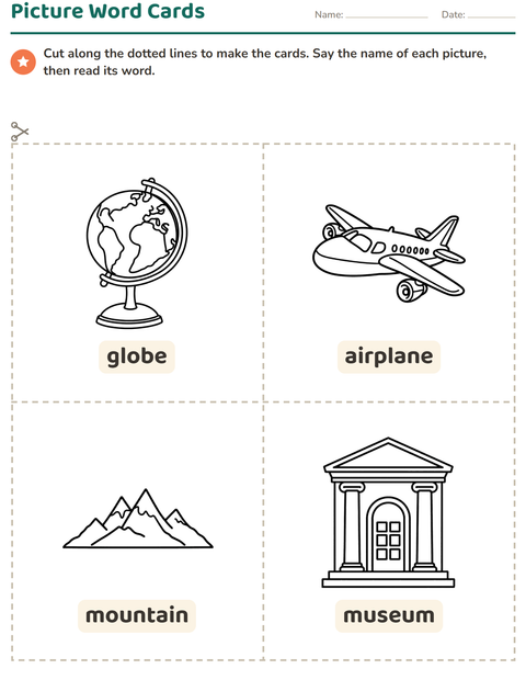 Preview of Picture Word Cards worksheet featuring Travel and Holiday BW for kindergarten