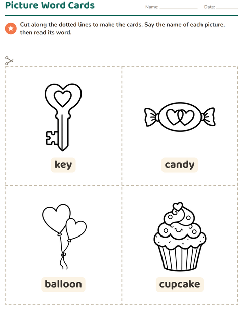 Preview of Picture Word Cards worksheet featuring Valentine BW for kindergarten
