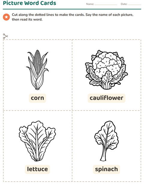 Preview of Picture Word Cards worksheet featuring Vegetables BW 2 for kindergarten