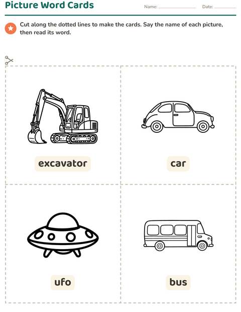 Preview of Picture Word Cards worksheet featuring Vehicles BW 2 for kindergarten