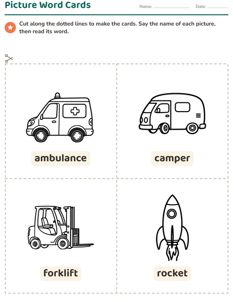 Preview of Picture Word Cards worksheet featuring Vehicles BW 3 for kindergarten