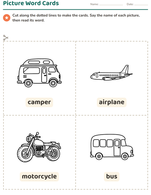 Preview of Picture Word Cards worksheet featuring Vehicles BW for kindergarten