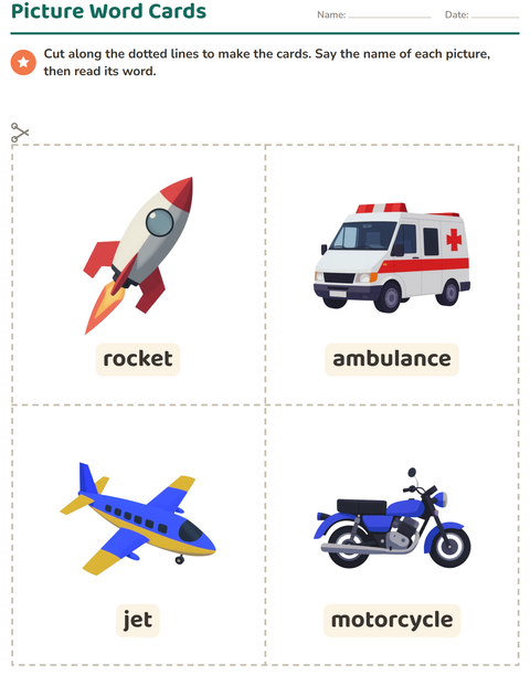 Preview of Picture Word Cards worksheet featuring Vehicles for kindergarten