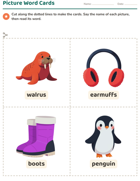 Preview of Picture Word Cards worksheet featuring Winter for kindergarten