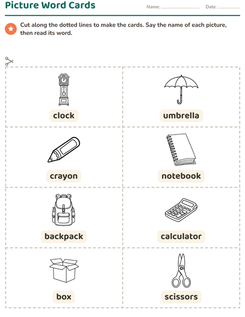 Preview of Picture Word Cards worksheet featuring Education BW for kindergarten