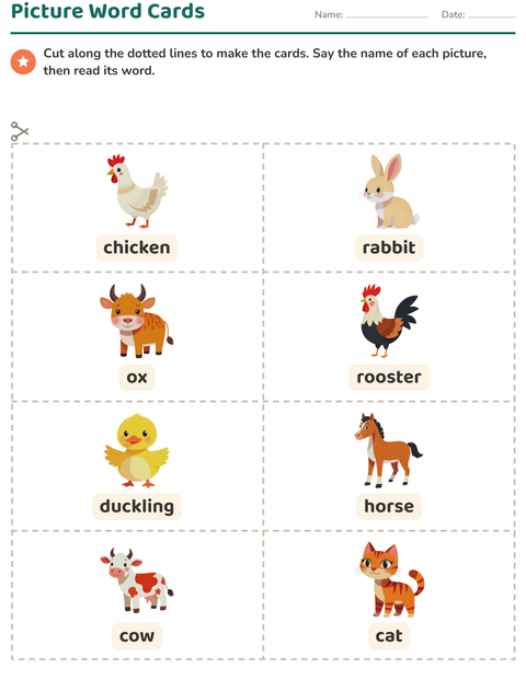 Preview of Picture Word Cards worksheet featuring Farm Animals for kindergarten