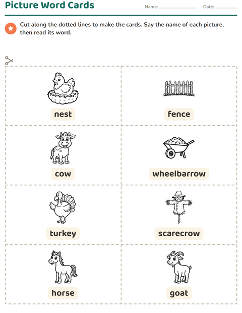 Preview of Picture Word Cards worksheet featuring Farm BW for kindergarten