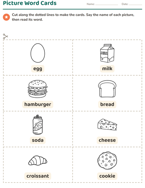 Preview of Picture Word Cards worksheet featuring Food BW 3 for kindergarten
