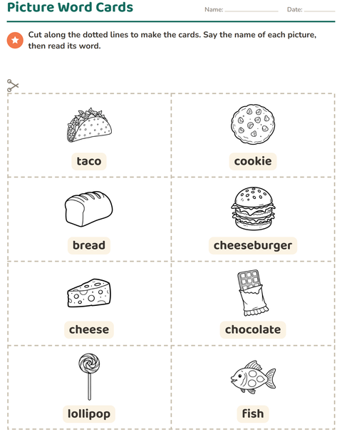 Preview of Picture Word Cards worksheet featuring Food BW for kindergarten