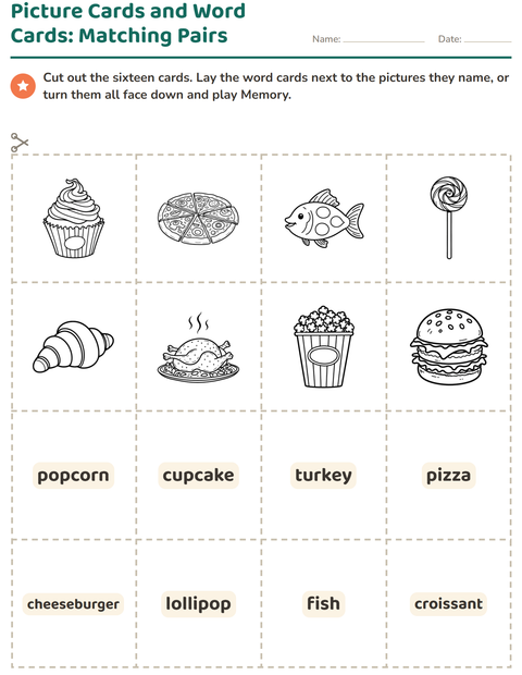 Preview of Picture Word Cards worksheet featuring Food BW for kindergarten