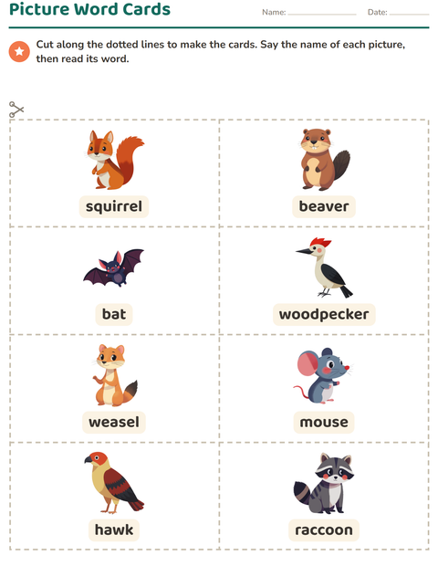 Preview of Picture Word Cards worksheet featuring Forest Creatures for kindergarten