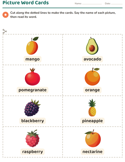Preview of Picture Word Cards worksheet featuring Fruits for kindergarten