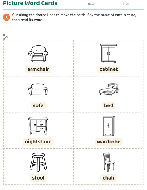 Preview of Picture Word Cards worksheet featuring Furniture BW for kindergarten