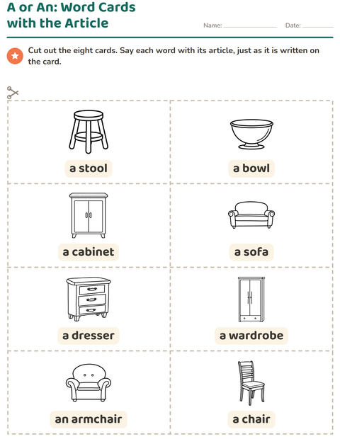 Preview of Picture Word Cards worksheet featuring Furniture BW for kindergarten