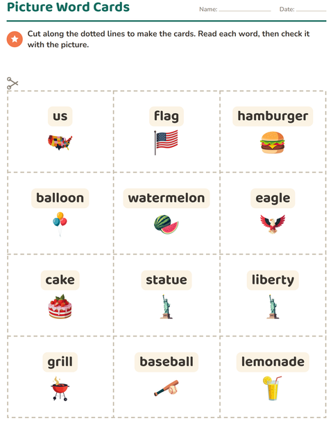 Preview of Picture Word Cards worksheet featuring 4th of July for kindergarten