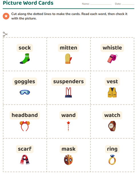 Preview of Picture Word Cards worksheet featuring Accessories for kindergarten