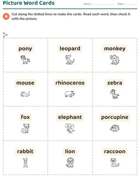 Preview of Picture Word Cards worksheet featuring Animals BW 2 for kindergarten