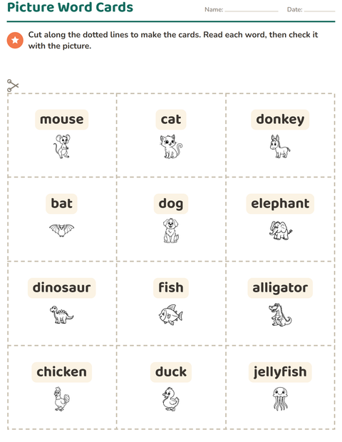 Preview of Picture Word Cards worksheet featuring Animals BW 3 for kindergarten