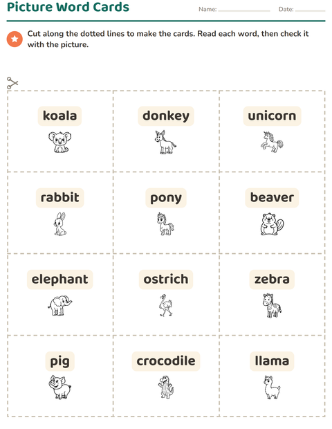 Preview of Picture Word Cards worksheet featuring Animals BW 4 for kindergarten