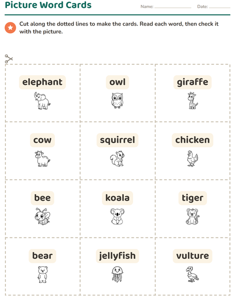 Preview of Picture Word Cards worksheet featuring Animals BW 5 for kindergarten