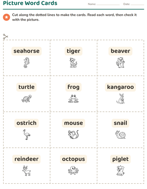 Preview of Picture Word Cards worksheet featuring Animals BW for kindergarten