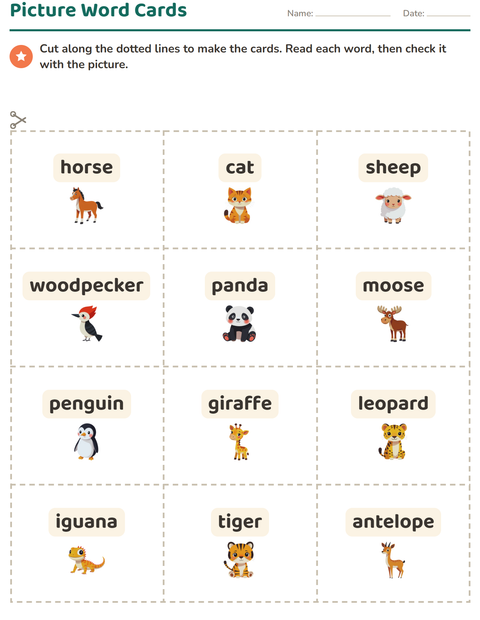 Preview of Picture Word Cards worksheet featuring Animals for kindergarten