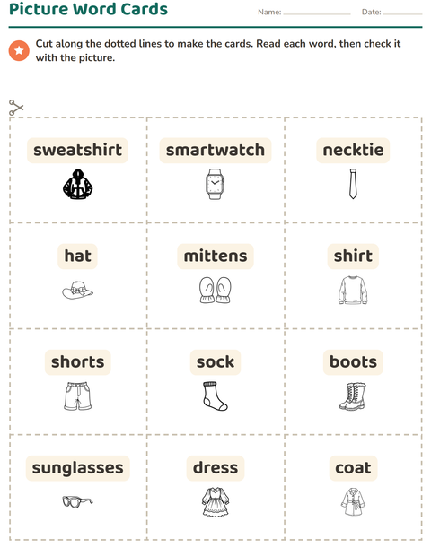 Preview of Picture Word Cards worksheet featuring Apparel BW for kindergarten