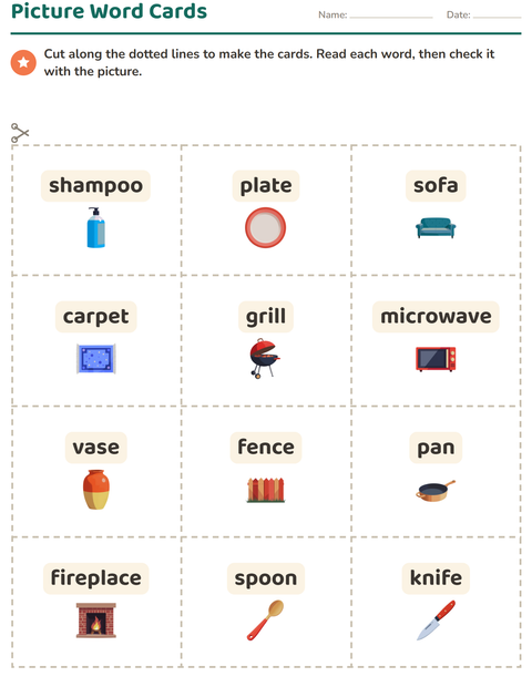 Preview of Picture Word Cards worksheet featuring Around the House for kindergarten