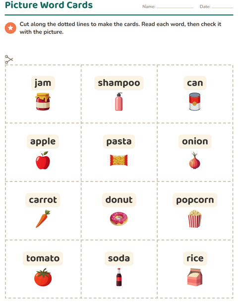Preview of Picture Word Cards worksheet featuring At the Supermarket for kindergarten