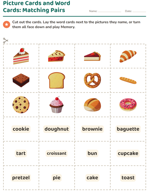 Preview of Picture Word Cards worksheet featuring Bakery for kindergarten