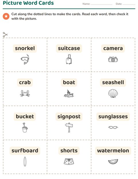 Preview of Picture Word Cards worksheet featuring Beach BW 2 for kindergarten