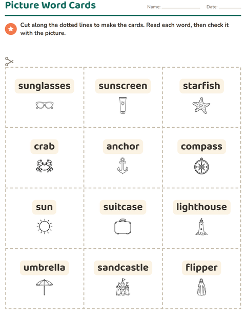 Preview of Picture Word Cards worksheet featuring Beach BW for kindergarten