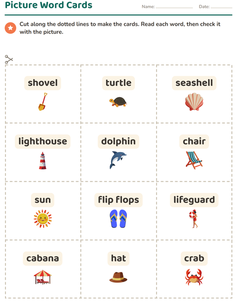 Preview of Picture Word Cards worksheet featuring Beach for kindergarten