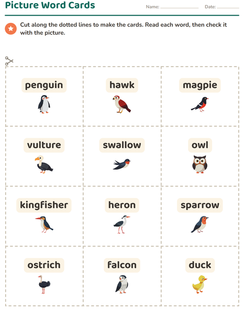 Preview of Picture Word Cards worksheet featuring Birds 2 for kindergarten
